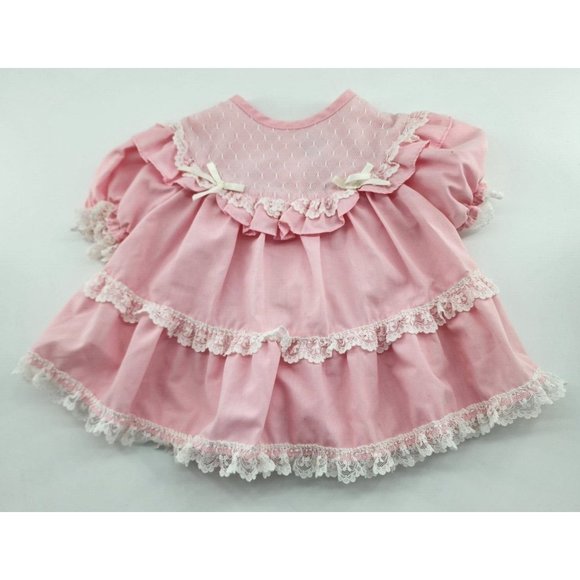 Vtg Baby Girls Pink Tiered Ruffle White Lace Trim Dress/Bloomers RN 50255 Sz 18M - Picture 2 of 16